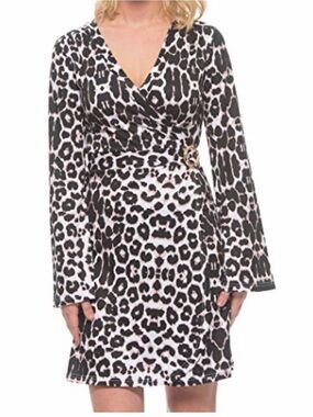 Macbeth Collection Margaret Josephs Leopard Faux Wrap Mini Dress Bell Sleeve M